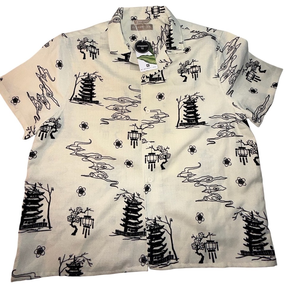 Distortion Mens Cropped Fit Button Down Shirt White Japanese Pagoda Print Large